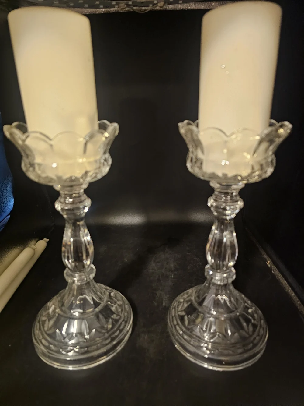 Pair of Clear Glass Scalloped Pillar Candle Holders